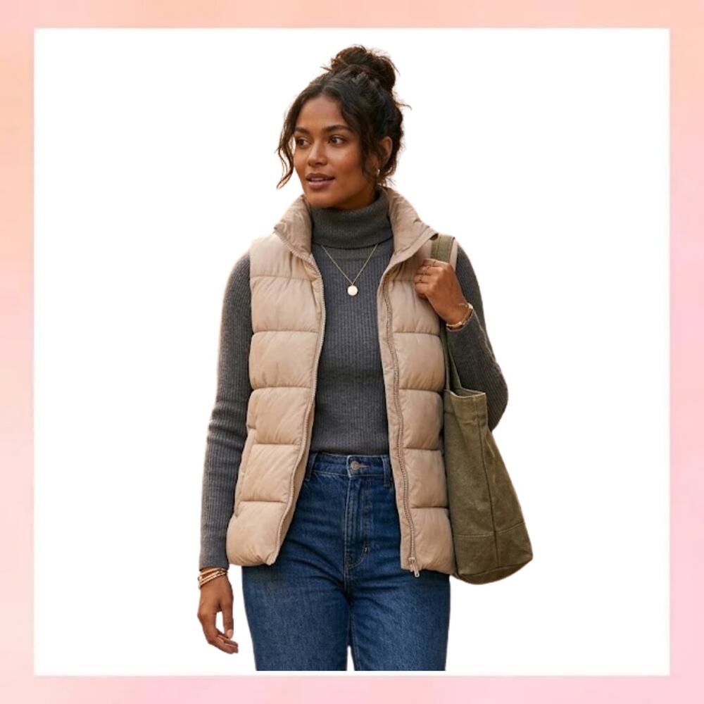 Old Navy Tan Quilted Puffer Vest Fleece Lined - Large - Neutral Fall Layer